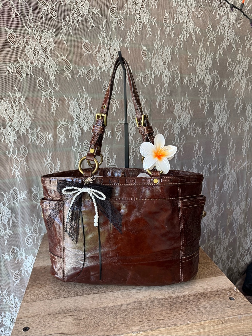 Coach Brown Leather Shoulder Tote with Floral Charm